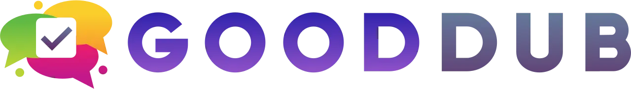 Gooddub logo with stylized colorful speech bubble icon and gradient purple text.