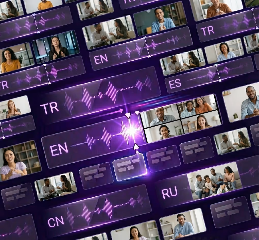 Collage of diverse people in video calls paired with purple sound waveforms labeled with language codes like EN, TR, ES, CN, and RU, representing multilingual communication or AI dubbing.